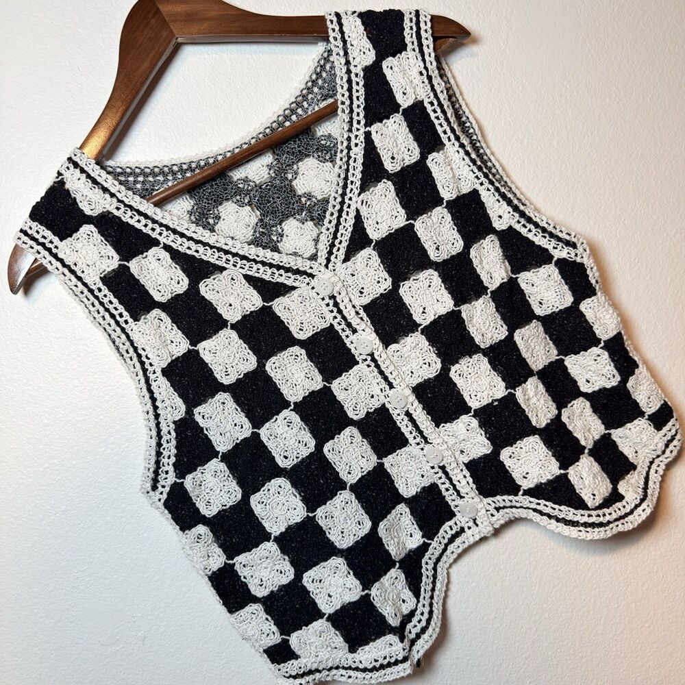 Checkered Crochet Knit Button Up Cropped Vest Size Small Black White Academia